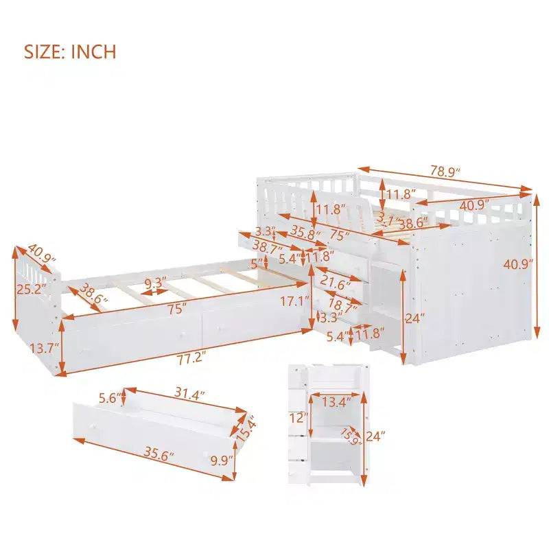 Lit mezzanine double bas avec 7 tiroirs et garde-corps complets, lit mezzanine double en L et lit plateforme double pour chambre d'enfants et d'adolescents