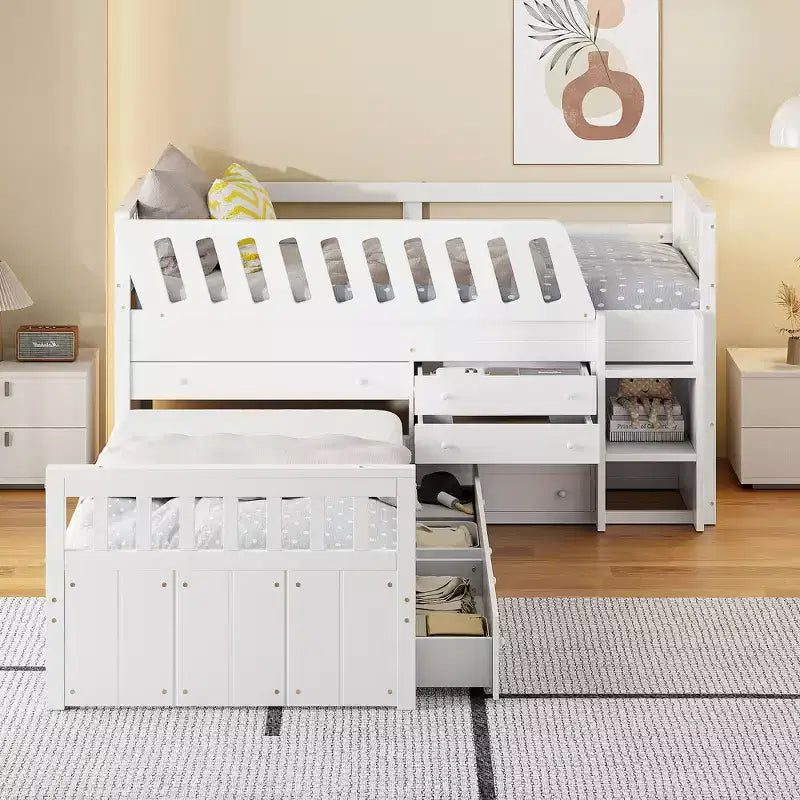 Lit mezzanine double bas avec 7 tiroirs et garde-corps complets, lit mezzanine double en L et lit plateforme double pour chambre d'enfants et d'adolescents