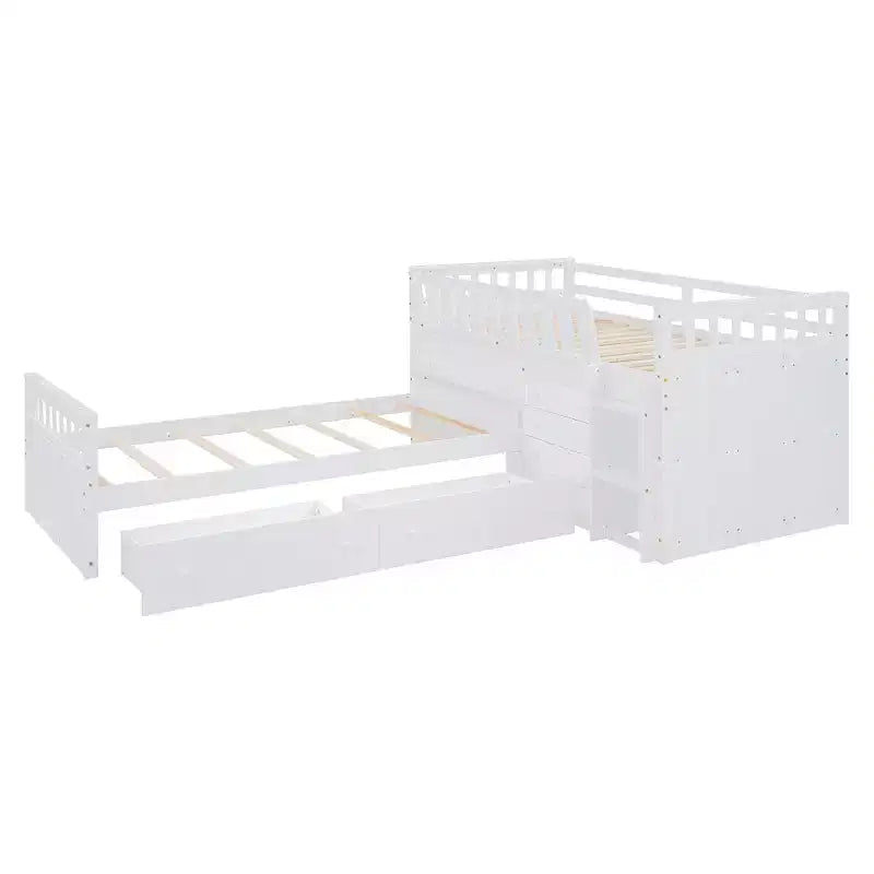 Lit mezzanine double bas avec 7 tiroirs et garde-corps complets, lit mezzanine double en L et lit plateforme double pour chambre d'enfants et d'adolescents