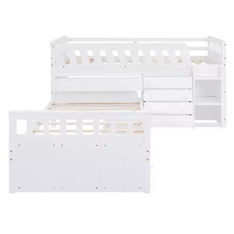Lit mezzanine double bas avec 7 tiroirs et garde-corps complets, lit mezzanine double en L et lit plateforme double pour chambre d'enfants et d'adolescents