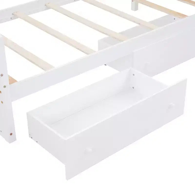 Lit mezzanine double bas avec 7 tiroirs et garde-corps complets, lit mezzanine double en L et lit plateforme double pour chambre d'enfants et d'adolescents
