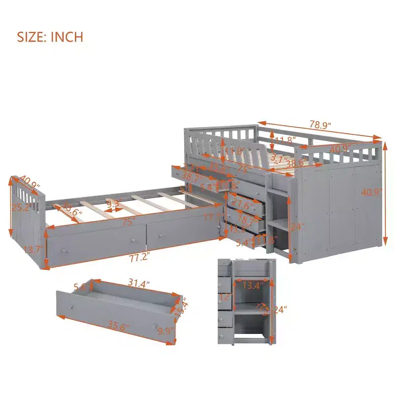 Lit mezzanine double bas avec 7 tiroirs et garde-corps complets, lit mezzanine double en L et lit plateforme double pour chambre d'enfants et d'adolescents