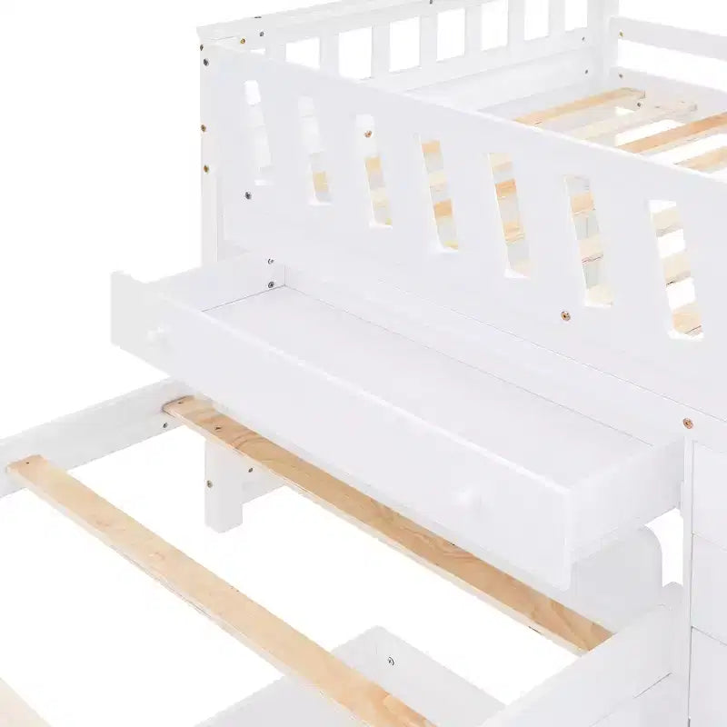 Lit mezzanine double bas avec 7 tiroirs et garde-corps complets, lit mezzanine double en L et lit plateforme double pour chambre d'enfants et d'adolescents