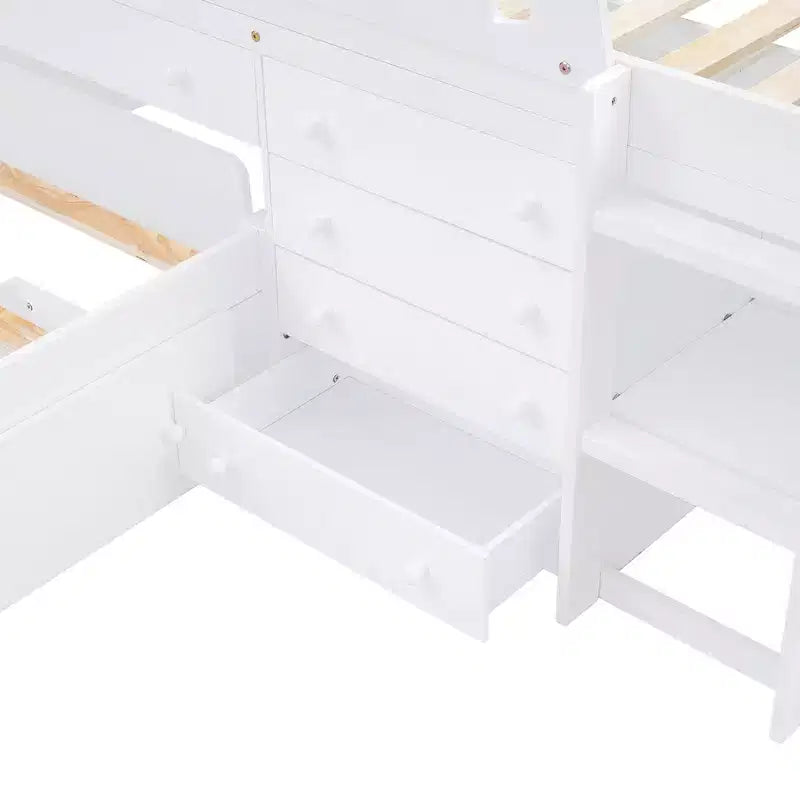 Lit mezzanine double bas avec 7 tiroirs et garde-corps complets, lit mezzanine double en L et lit plateforme double pour chambre d'enfants et d'adolescents
