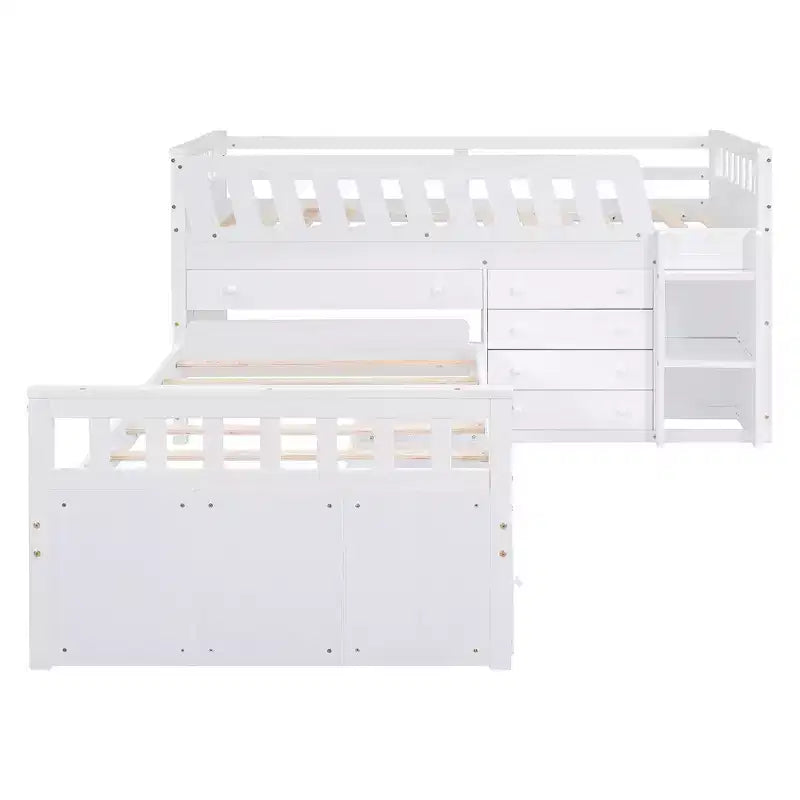 Lit mezzanine double bas avec 7 tiroirs et garde-corps complets, lit mezzanine double en L et lit plateforme double pour chambre d'enfants et d'adolescents