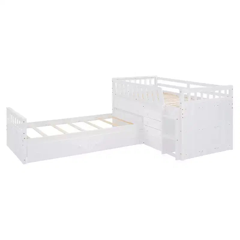 Lit mezzanine double bas avec 7 tiroirs et garde-corps complets, lit mezzanine double en L et lit plateforme double pour chambre d'enfants et d'adolescents