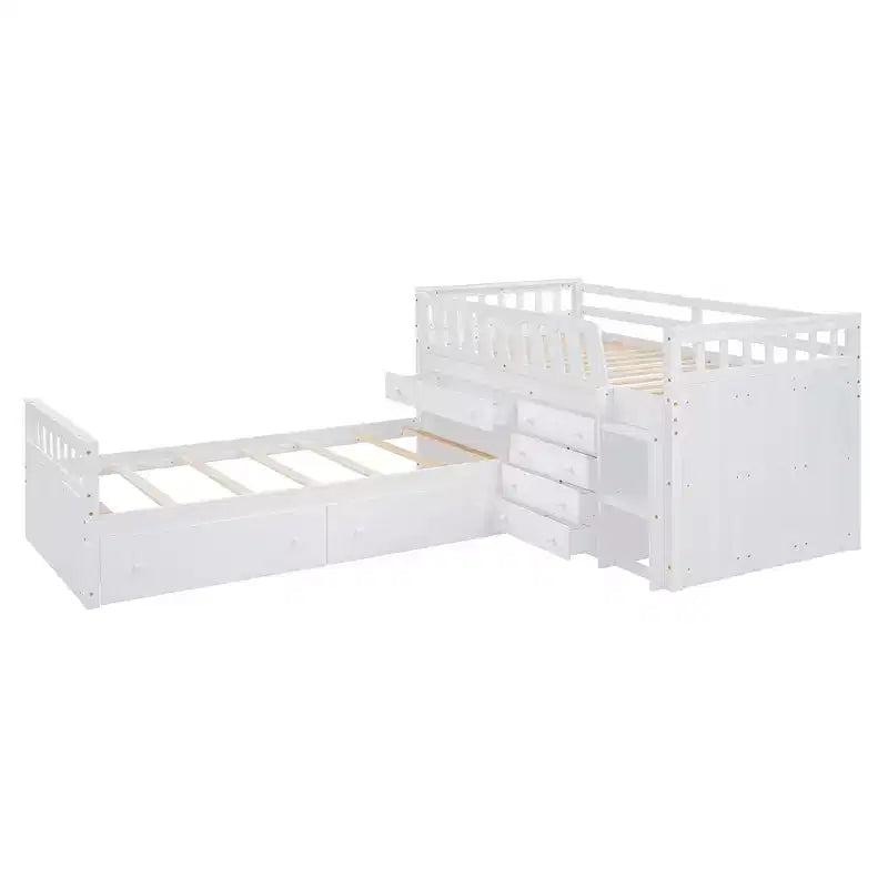 Lit mezzanine double bas avec 7 tiroirs et garde-corps complets, lit mezzanine double en L et lit plateforme double pour chambre d'enfants et d'adolescents