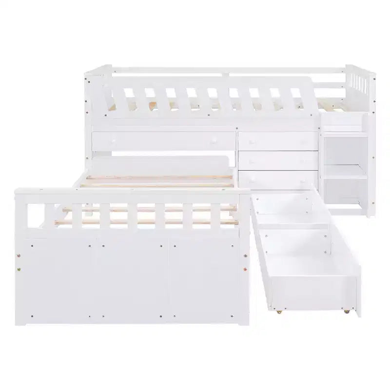 Lit mezzanine double bas avec 7 tiroirs et garde-corps complets, lit mezzanine double en L et lit plateforme double pour chambre d'enfants et d'adolescents