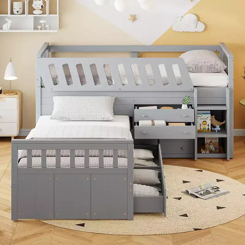 Lit mezzanine double bas avec 7 tiroirs et garde-corps complets, lit mezzanine double en L et lit plateforme double pour chambre d'enfants et d'adolescents