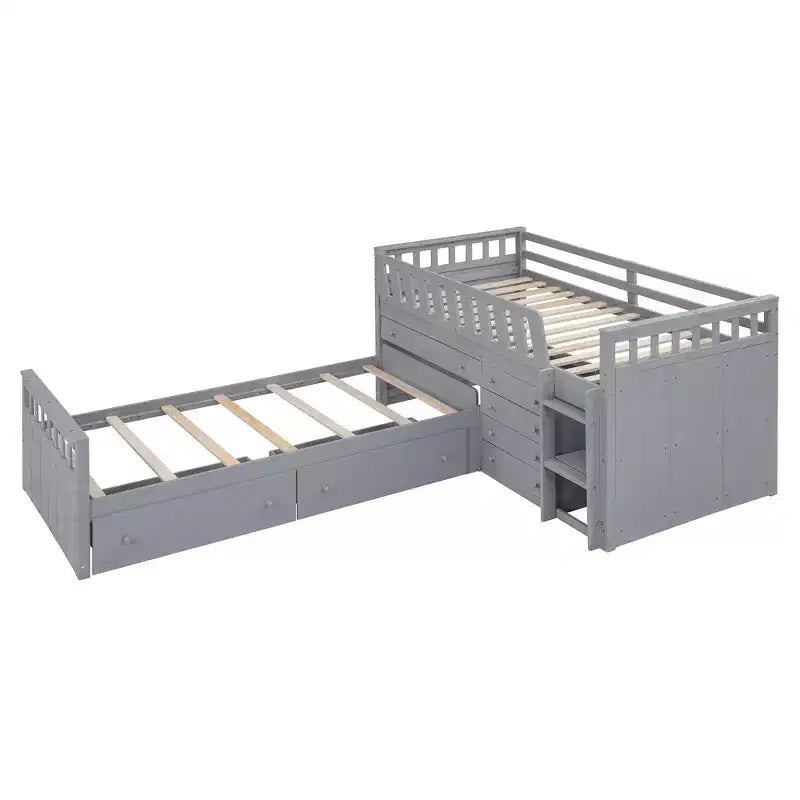 Lit mezzanine double bas avec 7 tiroirs et garde-corps complets, lit mezzanine double en L et lit plateforme double pour chambre d'enfants et d'adolescents