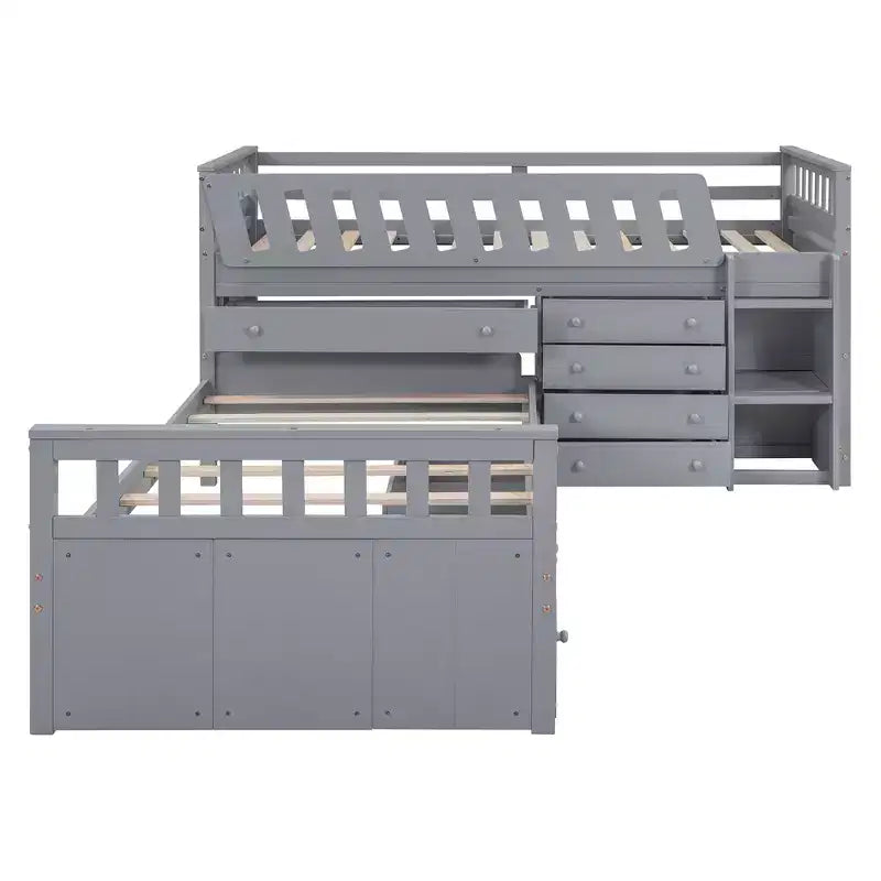 Lit mezzanine double bas avec 7 tiroirs et garde-corps complets, lit mezzanine double en L et lit plateforme double pour chambre d'enfants et d'adolescents