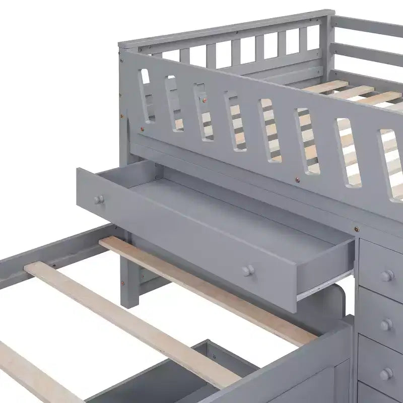 Lit mezzanine double bas avec 7 tiroirs et garde-corps complets, lit mezzanine double en L et lit plateforme double pour chambre d'enfants et d'adolescents