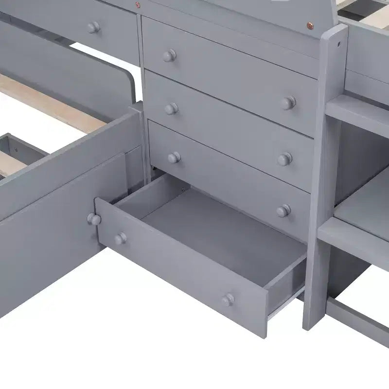 Lit mezzanine double bas avec 7 tiroirs et garde-corps complets, lit mezzanine double en L et lit plateforme double pour chambre d'enfants et d'adolescents