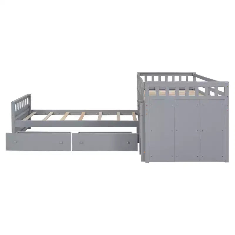 Lit mezzanine double bas avec 7 tiroirs et garde-corps complets, lit mezzanine double en L et lit plateforme double pour chambre d'enfants et d'adolescents