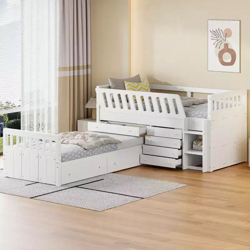 Lit mezzanine double bas avec 7 tiroirs et garde-corps complets, lit mezzanine double en L et lit plateforme double pour chambre d'enfants et d'adolescents