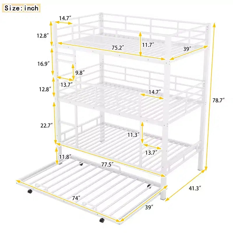 Lit superposé triple robuste pour 3 enfants, lits superposés triples jumeaux sur jumeaux sur jumeaux avec lit gigogne