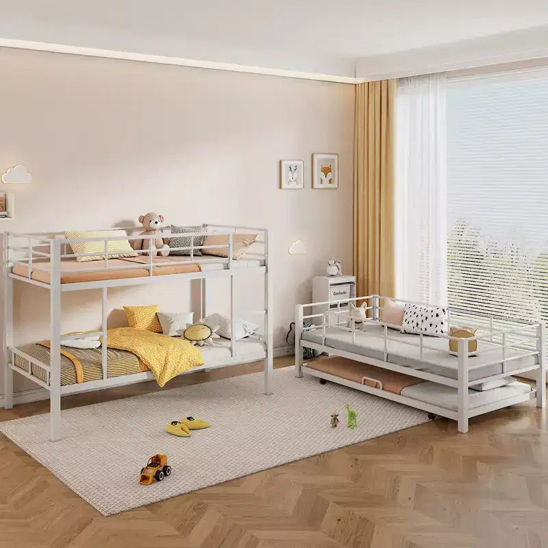 Lit superposé triple robuste pour 3 enfants, lits superposés triples jumeaux sur jumeaux sur jumeaux avec lit gigogne