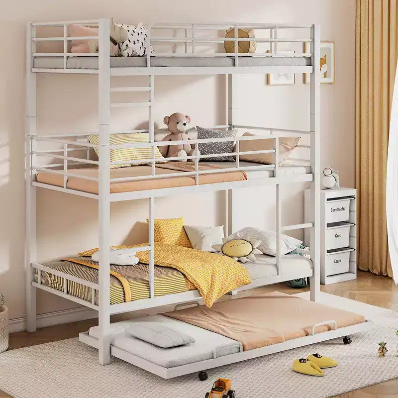Lit superposé triple robuste pour 3 enfants, lits superposés triples jumeaux sur jumeaux sur jumeaux avec lit gigogne