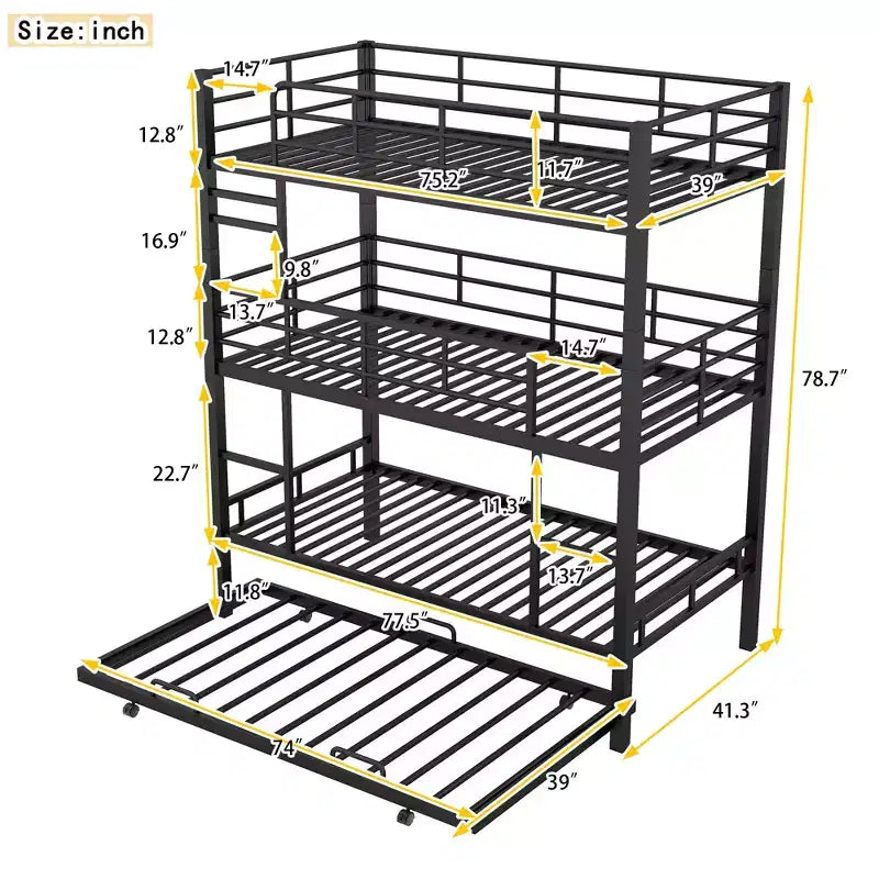 Lit superposé triple robuste pour 3 enfants, lits superposés triples jumeaux sur jumeaux sur jumeaux avec lit gigogne