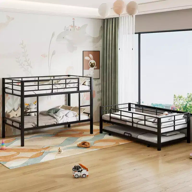 Lit superposé triple robuste pour 3 enfants, lits superposés triples jumeaux sur jumeaux sur jumeaux avec lit gigogne