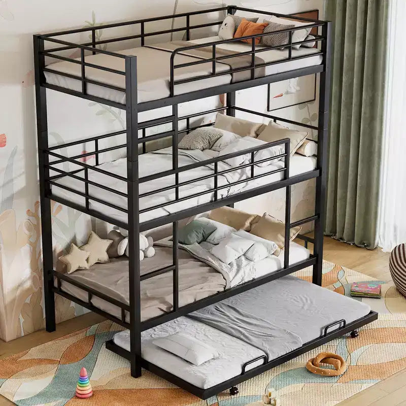 Lit superposé triple robuste pour 3 enfants, lits superposés triples jumeaux sur jumeaux sur jumeaux avec lit gigogne