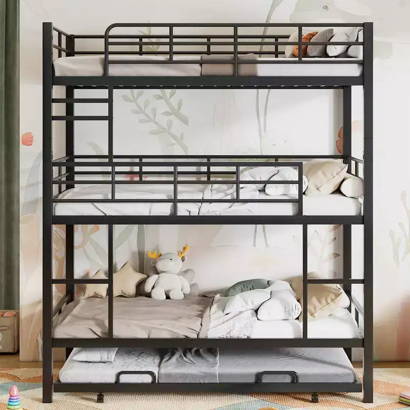 Lit superposé triple robuste pour 3 enfants, lits superposés triples jumeaux sur jumeaux sur jumeaux avec lit gigogne