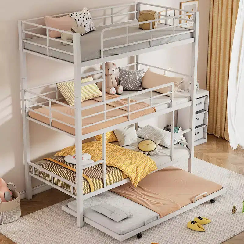Lit superposé triple robuste pour 3 enfants, lits superposés triples jumeaux sur jumeaux sur jumeaux avec lit gigogne