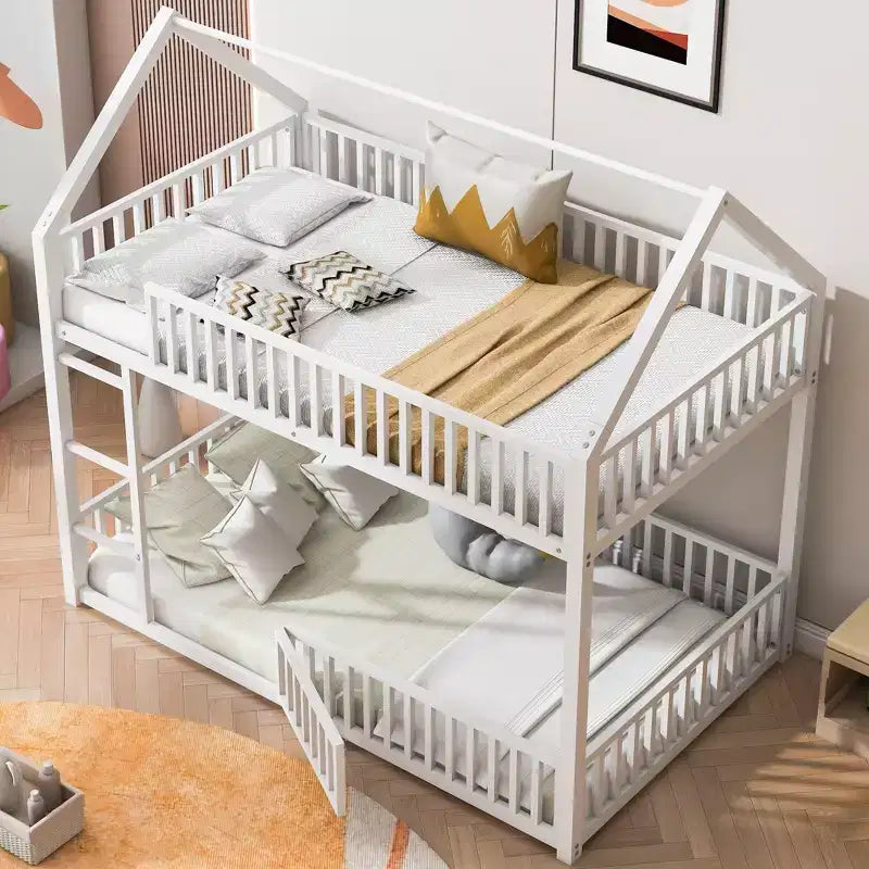 Lit superposé jumeau en métal pour enfants, lit superposé jumeau au sol avec clôture, porte et garde-corps
