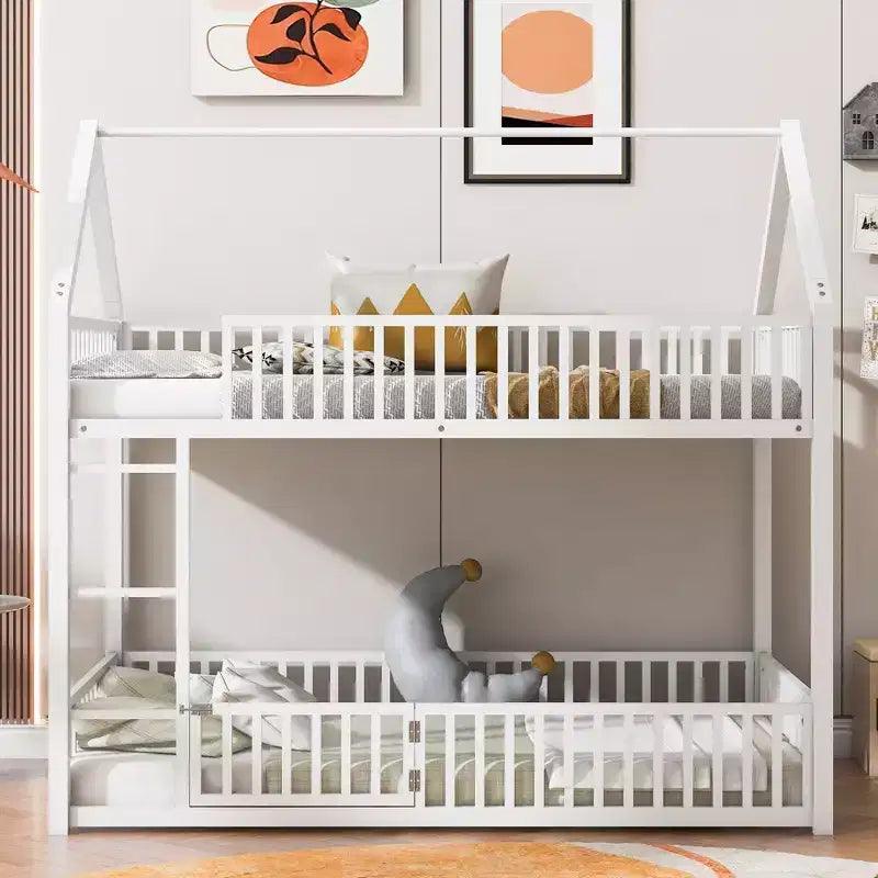 Lit superposé jumeau en métal pour enfants, lit superposé jumeau au sol avec clôture, porte et garde-corps