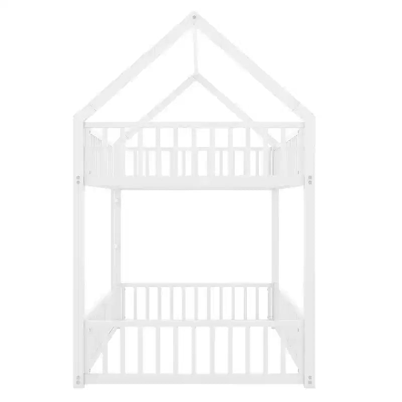 Lit superposé jumeau en métal pour enfants, lit superposé jumeau au sol avec clôture, porte et garde-corps