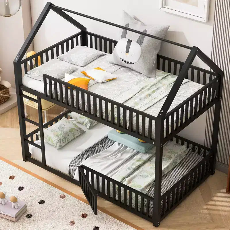 Lit superposé jumeau en métal pour enfants, lit superposé jumeau au sol avec clôture, porte et garde-corps