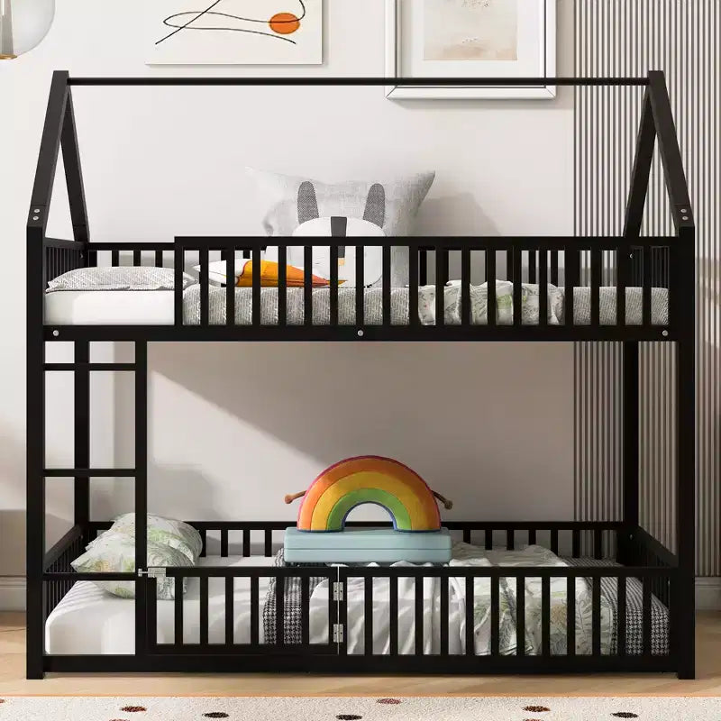 Lit superposé jumeau en métal pour enfants, lit superposé jumeau au sol avec clôture, porte et garde-corps