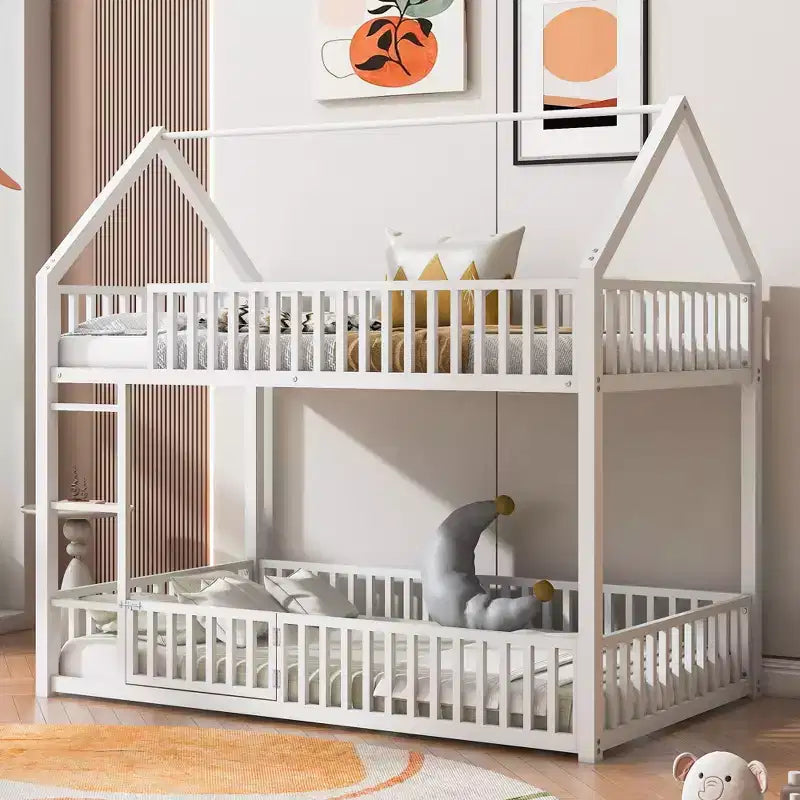 Lit superposé jumeau en métal pour enfants, lit superposé jumeau au sol avec clôture, porte et garde-corps