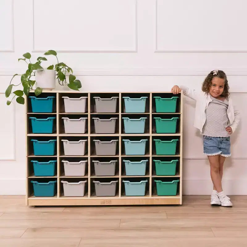 Meuble de rangement mobile à 25 casiers ECR4Kids et 25 bacs de rangement à façade ouverte, 5x5, Meuble pour enfants