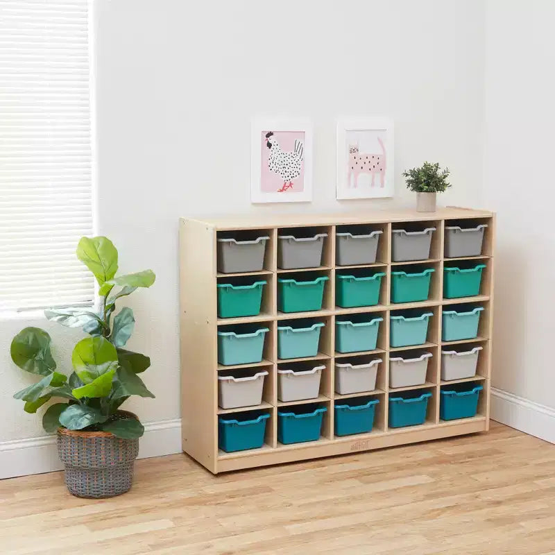 Meuble de rangement mobile à 25 casiers ECR4Kids et 25 bacs de rangement à façade ouverte, 5x5, Meuble pour enfants