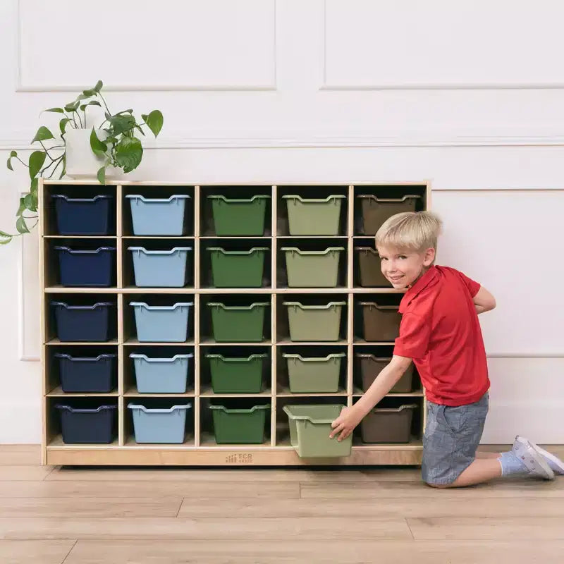 Meuble de rangement mobile à 25 casiers ECR4Kids et 25 bacs de rangement à façade ouverte, 5x5, Meuble pour enfants