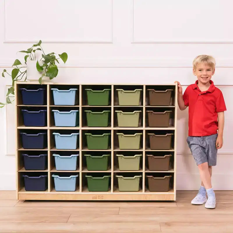 Meuble de rangement mobile à 25 casiers ECR4Kids et 25 bacs de rangement à façade ouverte, 5x5, Meuble pour enfants
