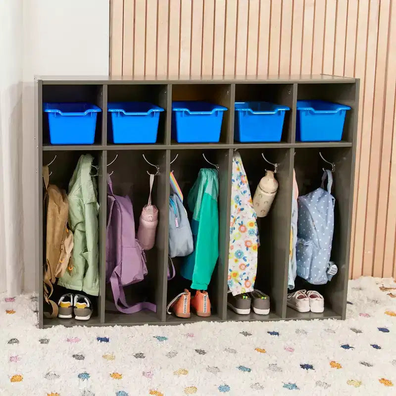 Vestiaire à 5 compartiments pour tout-petits et 5 bacs de rangement avant à écope ECR4Kids Streamline, Rangement à casiers