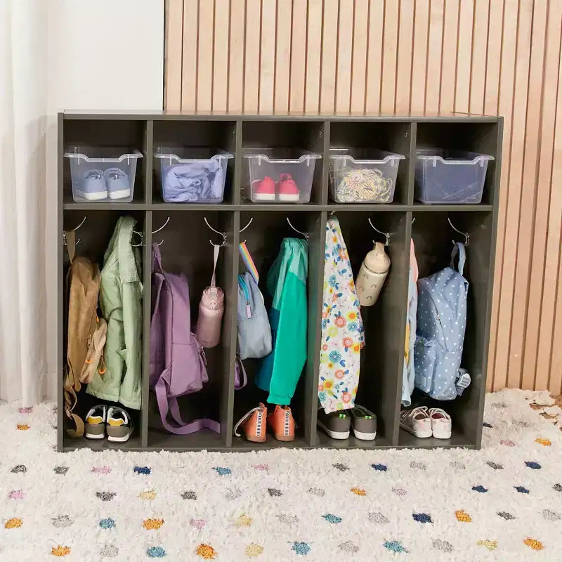 Vestiaire à 5 compartiments pour tout-petits et 5 bacs de rangement avant à écope ECR4Kids Streamline, Rangement à casiers