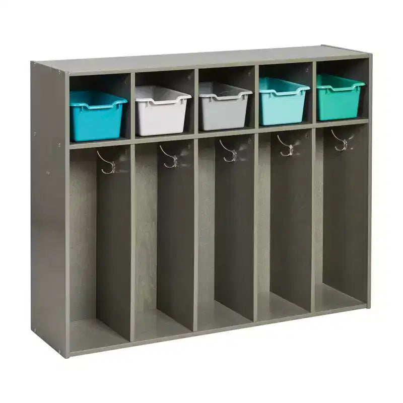 Vestiaire à 5 compartiments pour tout-petits et 5 bacs de rangement avant à écope ECR4Kids Streamline, Rangement à casiers