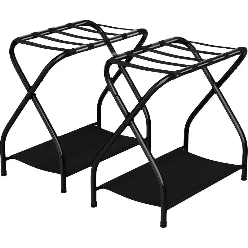Bartnelli 2-Pack Premium Collapsible Metal Luggage Rack with Folding Storage Shelf and Durable Nylon Straps