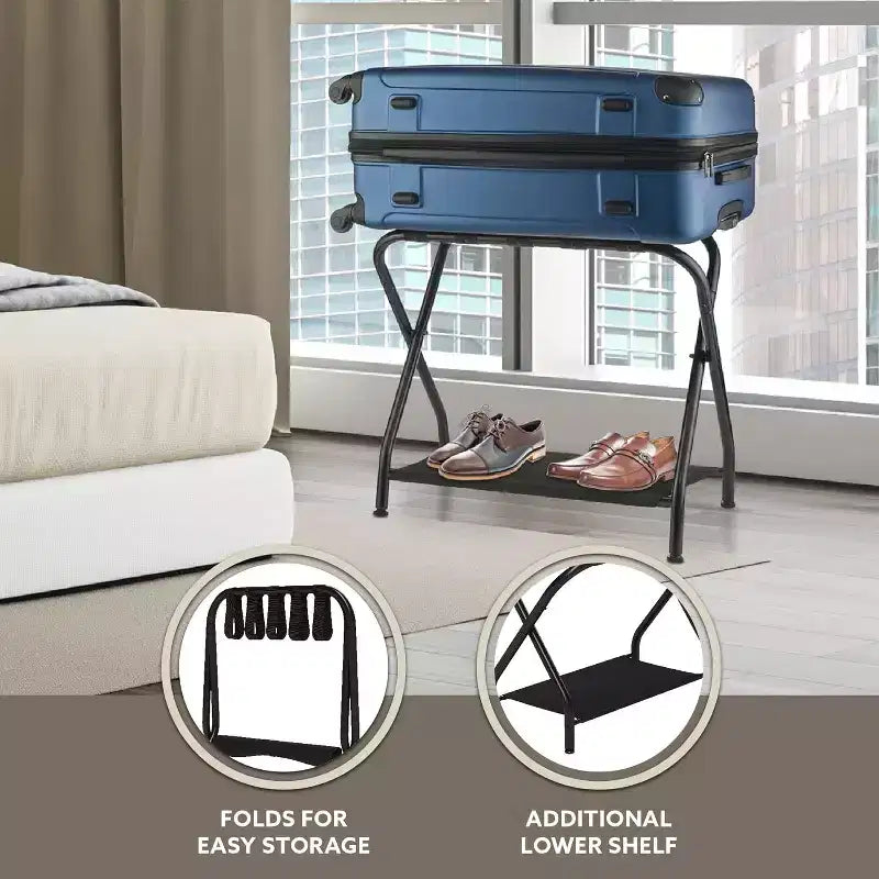 Bartnelli Lot de 2 porte-bagages pliables en métal de qualité supérieure avec étagère de rangement pliable et sangles en nylon durables