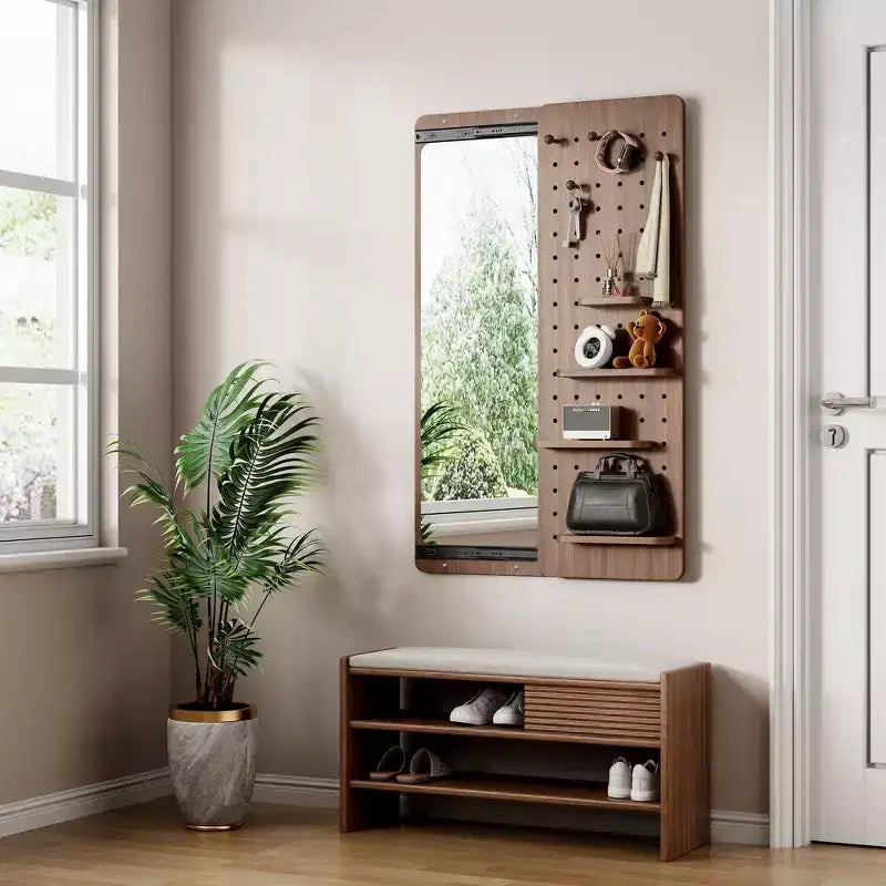 Miroir mural pleine longueur Whisen en bois de caoutchouc avec panneau amovible et crochets ajustables