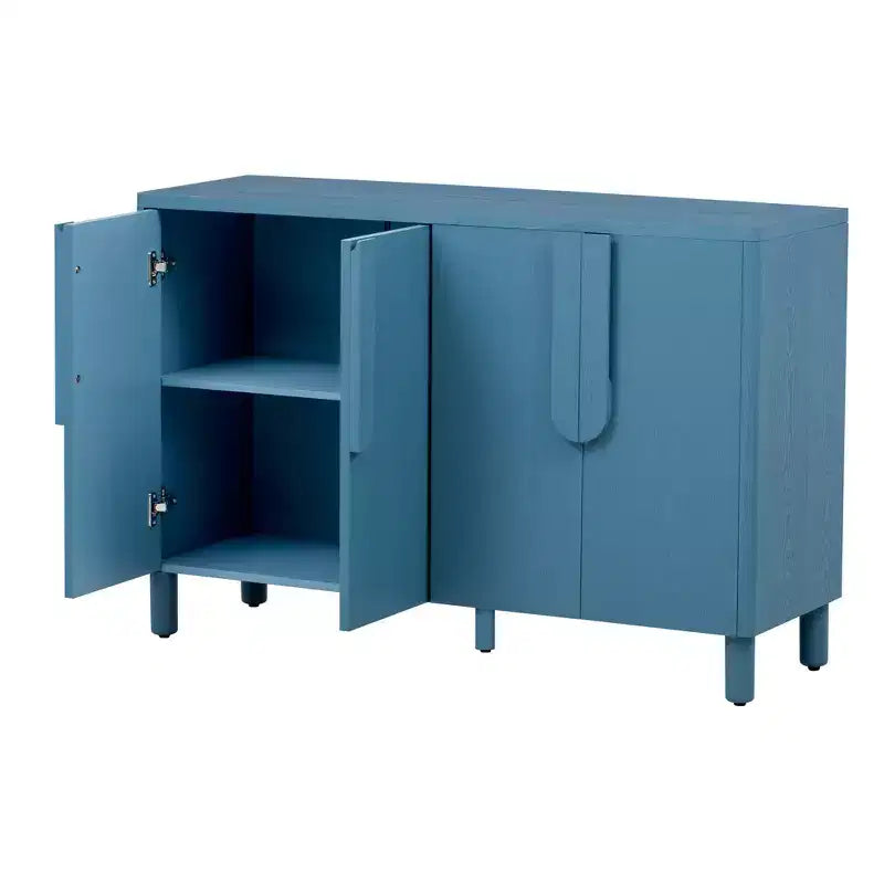 Meuble de rangement buffet 4 portes en bois avec étagères réglables et poignées arquées uniques pour salle à manger, cuisine ou salon