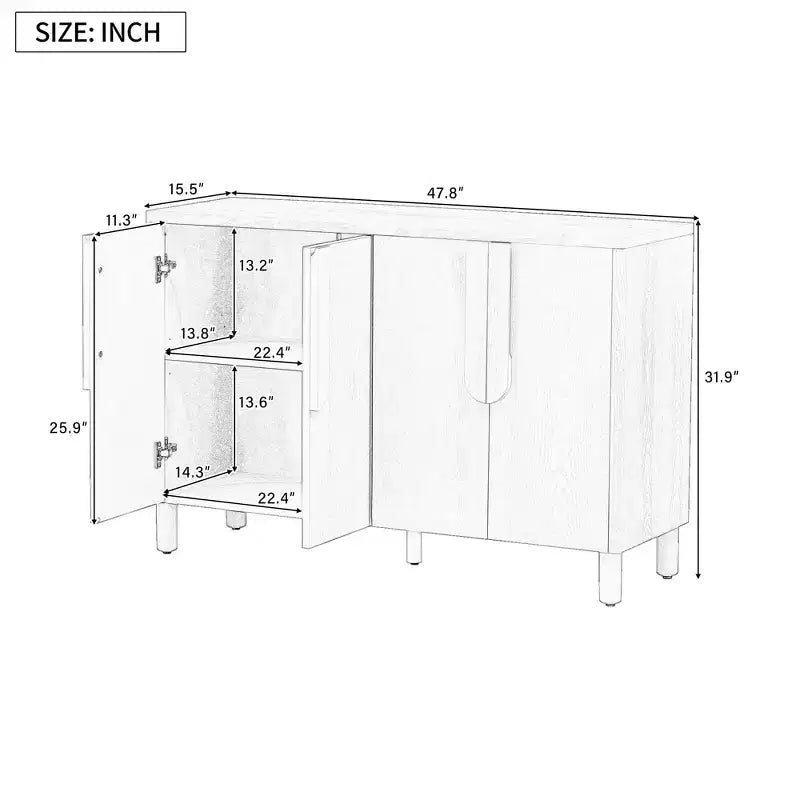Meuble de rangement buffet 4 portes en bois avec étagères réglables et poignées arquées uniques pour salle à manger, cuisine ou salon
