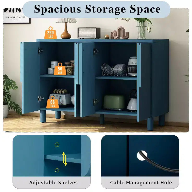 Meuble de rangement buffet 4 portes en bois avec étagères réglables et poignées arquées uniques pour salle à manger, cuisine ou salon
