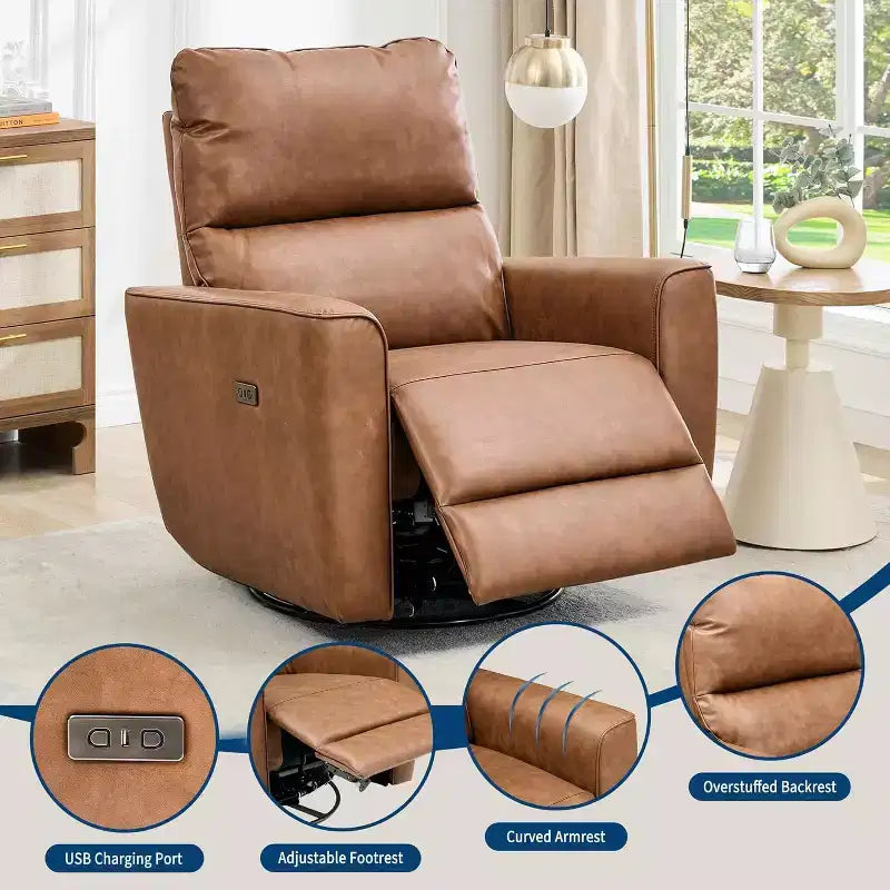Fauteuil inclinable électrique Acekool pivotant et coulissant, fauteuil à bascule rembourré pour salon, fauteuil inclinable avec accoudoirs incurvés et dossier rembourré pour chambre à coucher