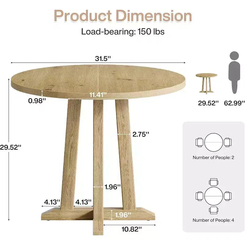 Table de salle à manger ronde Lantine de 80 cm pour 2-4 personnes, petite table de cuisine de style campagnard avec base robuste et unique pour salle à manger, petit espace, chêne