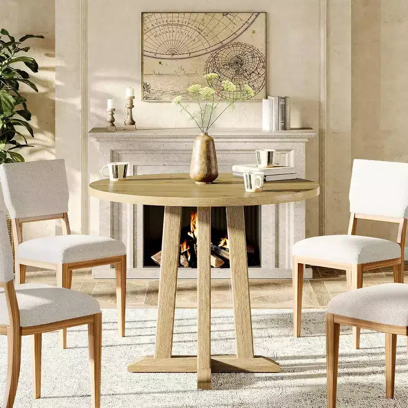 Table de salle à manger ronde Lantine de 80 cm pour 2-4 personnes, petite table de cuisine de style campagnard avec base robuste et unique pour salle à manger, petit espace, chêne