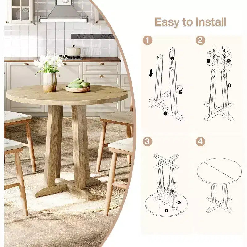 Table de salle à manger ronde Lantine de 80 cm pour 2-4 personnes, petite table de cuisine de style campagnard avec base robuste et unique pour salle à manger, petit espace, chêne